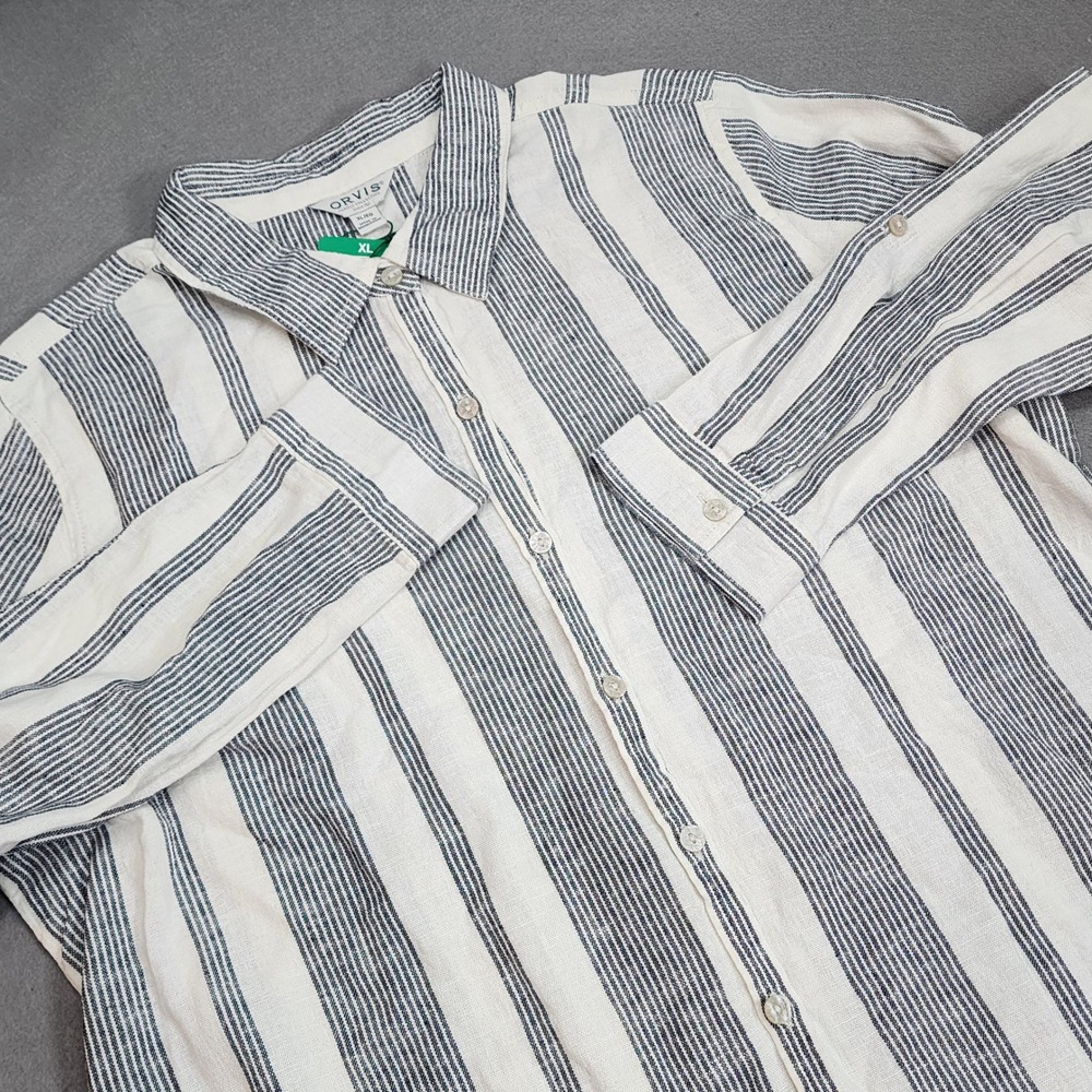 Orvis Button Down Shirt Blue White Striped Linen Blend Women XL‎ NWT